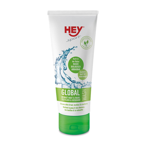 Hey Sport Global Wash: Das biologisch vollständig abbaubaure Waschmittel für Haut, Haare, Textilien und Geschirr.