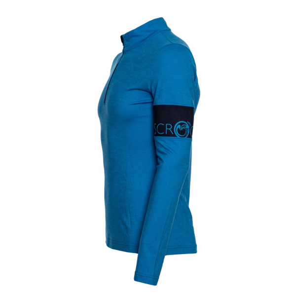 Ein Hingucker: Der dunkelblaue Ärmelabschnitt des sMerino 155 Shirt Valo blau Herren von SCROC.