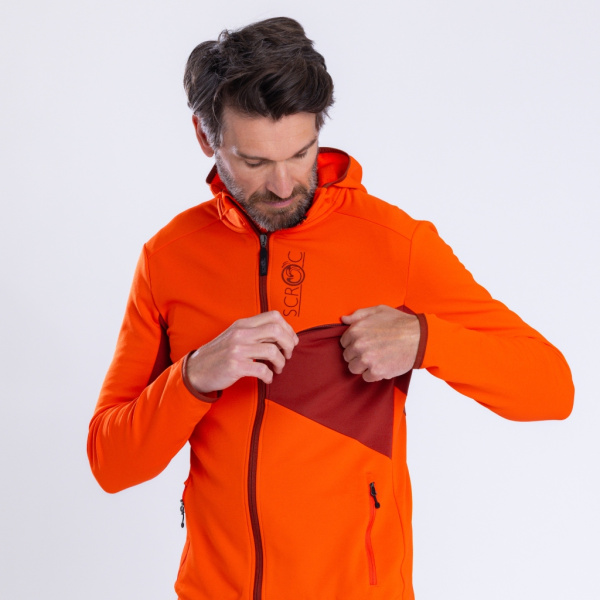 sFleece Merino Jacke Menso m in blutorange von SCROC für alpine Touren.