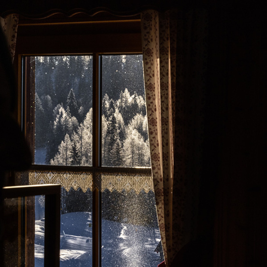 Fenster einer Skihütte mit dem Blick auf verschneiten Wald SCROC