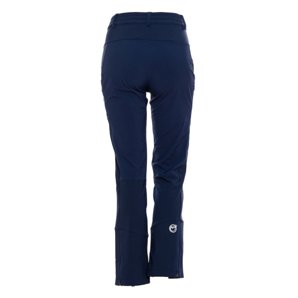 Rückansicht sWooltec Merino Hose Vintro w dunkelblau für Damen: Atmungsaktive und gleichzeitig robuste Skitouren- und Schneeschuh-Hose.